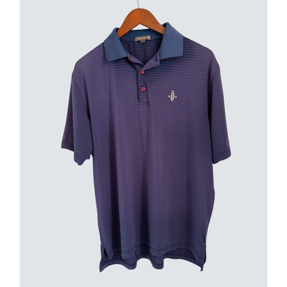 Peter Millar Golf Summer Comfort Polo Shirt L Striped Navy & Red Embroidered Log